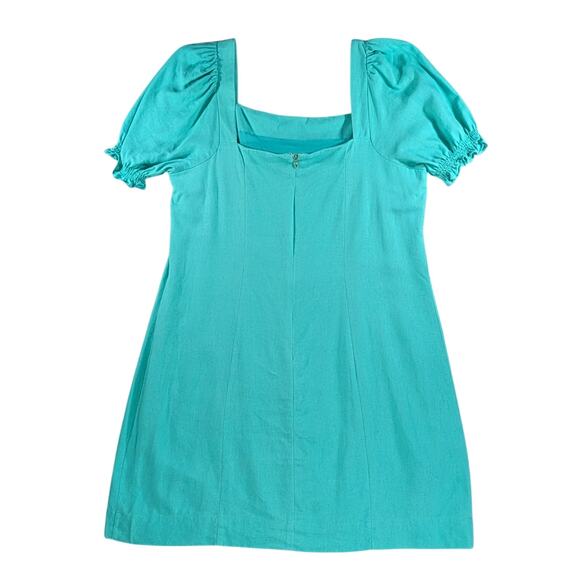 Draper James Linen Blend Puff Sleeve Mini Dress Teal Square Neck Size M - Picture 3 of 16